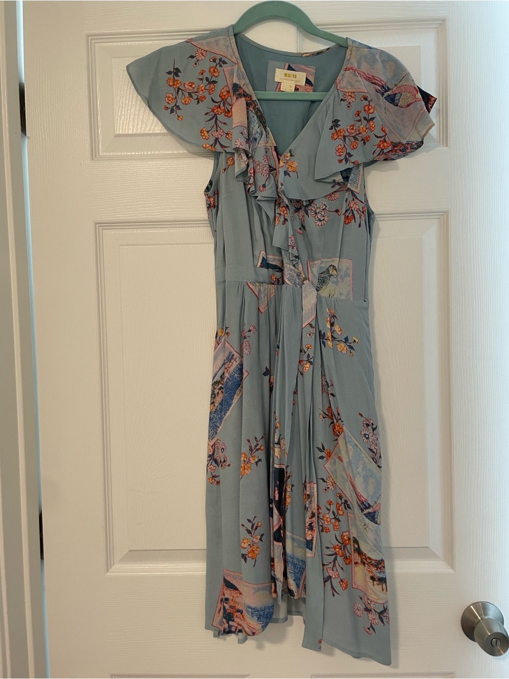 Anthropologie Dusty Blue Floral Ruffle Midi Dress